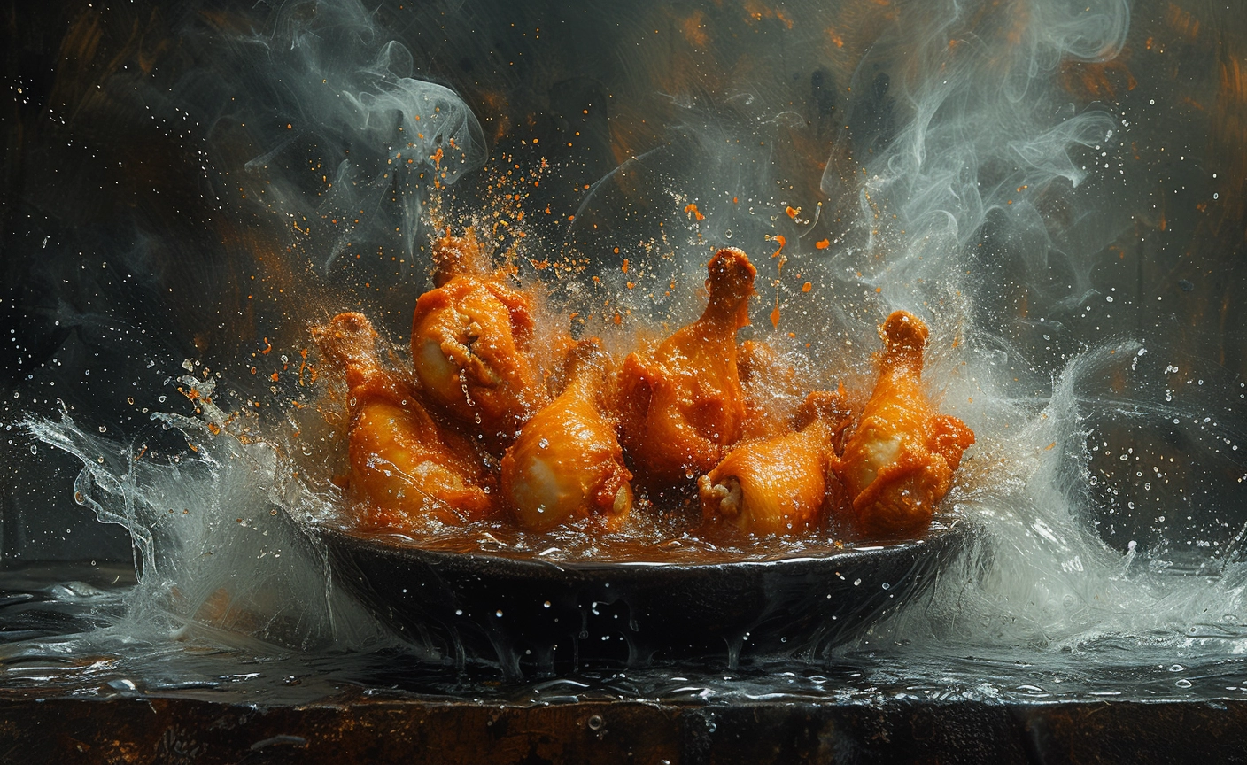 An action shot in a brightly lit kitchen capturing hands meticulously seasoning chicken breasts with a mixture of spices including red chili flakes, paprika, and black pepper, with a bowl of mixed spices and a bottle of olive oil visible on the marble countertop.