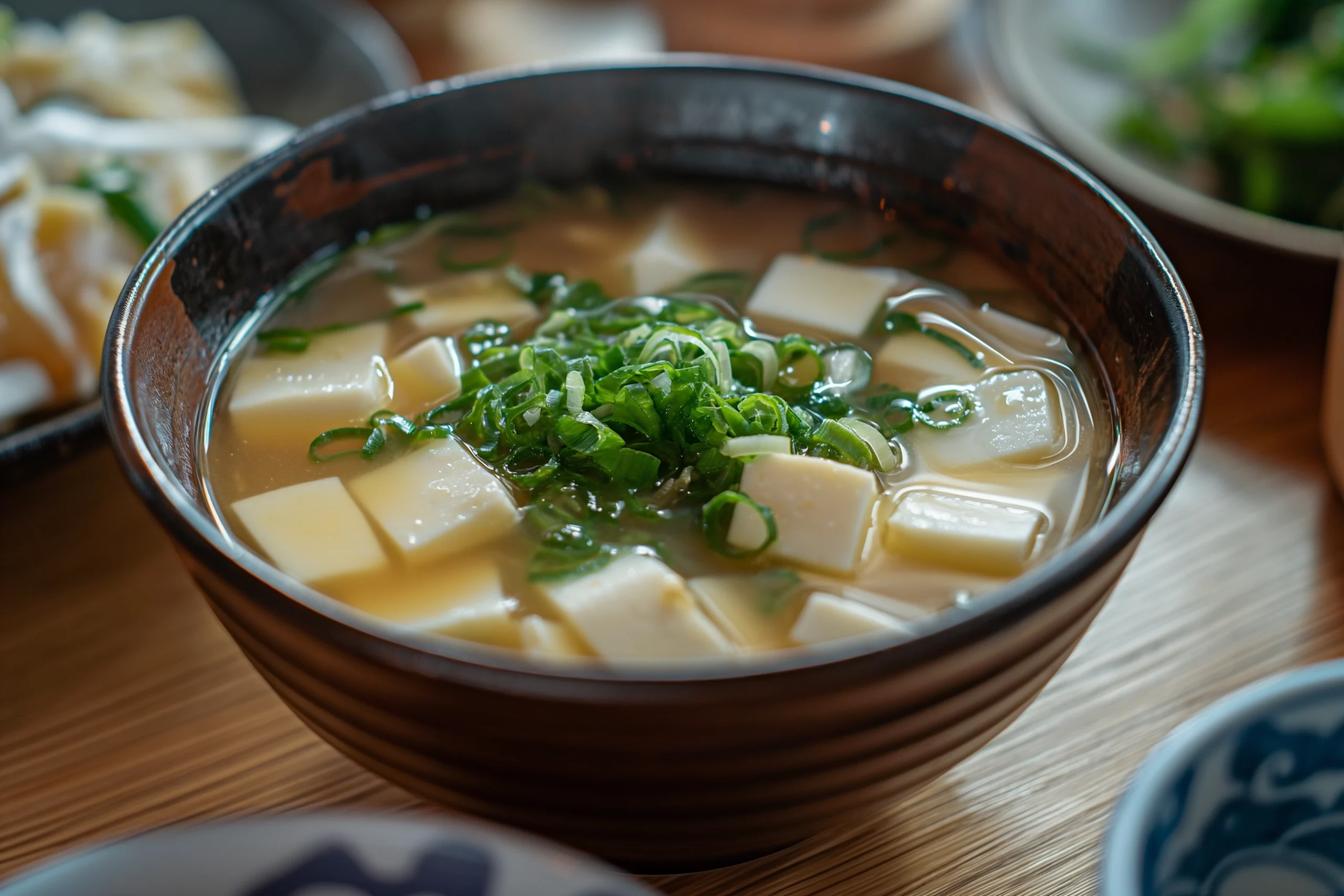 A comforting bowl of miso soup garnished with green onions, soft tofu cubes, and delicate wakame seaweed, served in a traditional black ceramic bowl with a wooden spoon on the side, set on a bamboo mat.