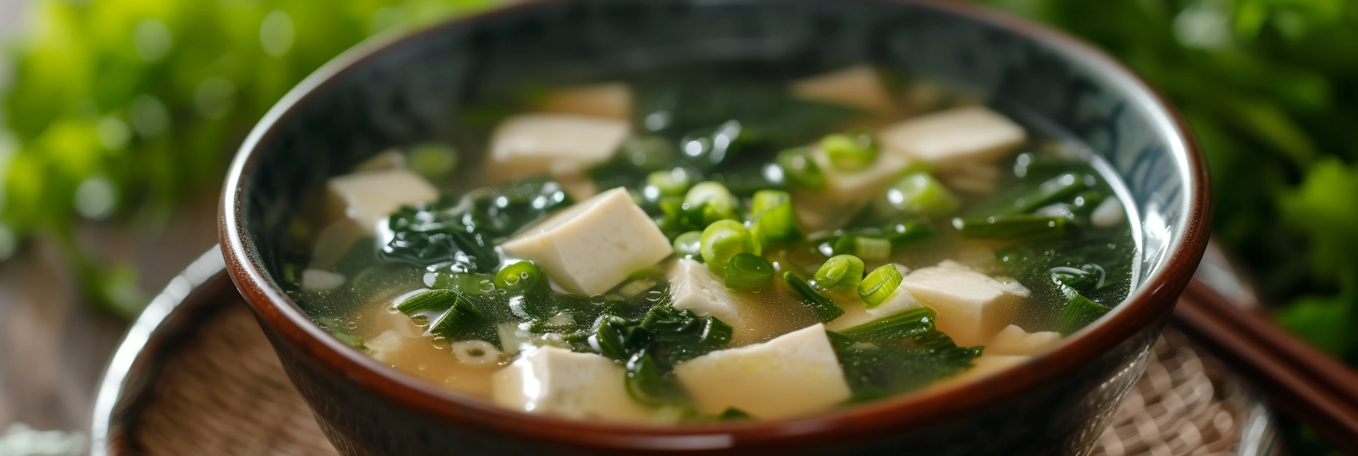 Close-up of a steaming hot bowl of miso soup, showing the rich, cloudy broth with dissolved miso paste, and visible bits of green onion and seaweed floating on the surface, evoking a sense of warmth and nourishment.